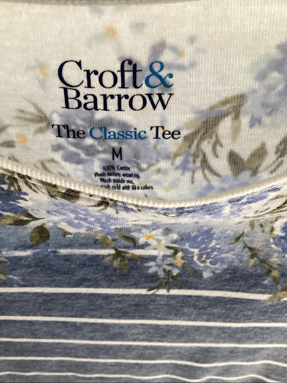 Croft & Barrow Blue and White Striped Tee with Floral Yoke - Picture 2 of 3